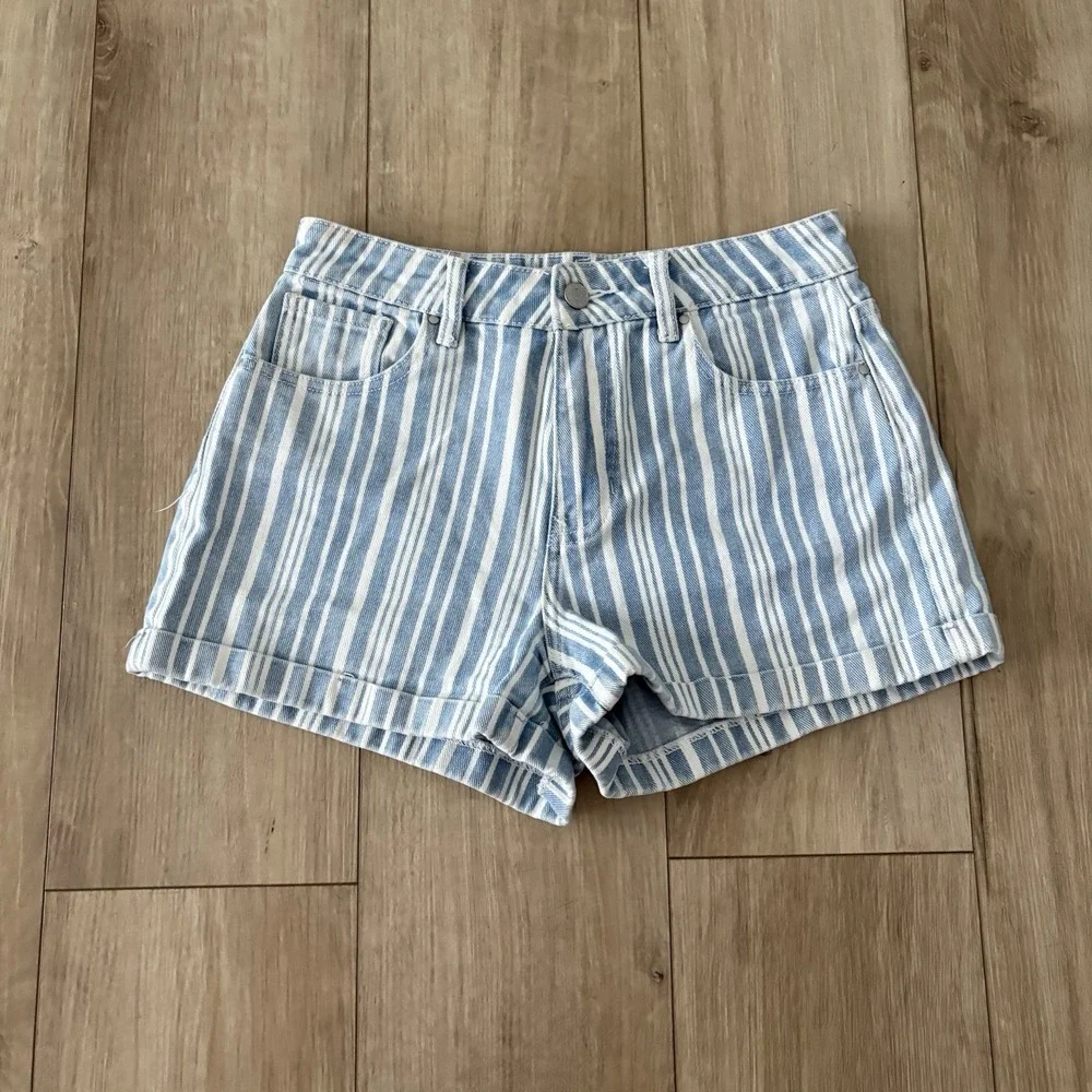 PacSun Los Angeles‎ Women's Mini Stripe Light Blue Cuffed Denim Mom Short 25